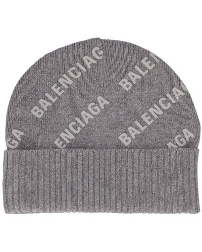 Balenciaga Logo Printed Cashmere Knit Beanie Hat - Grey