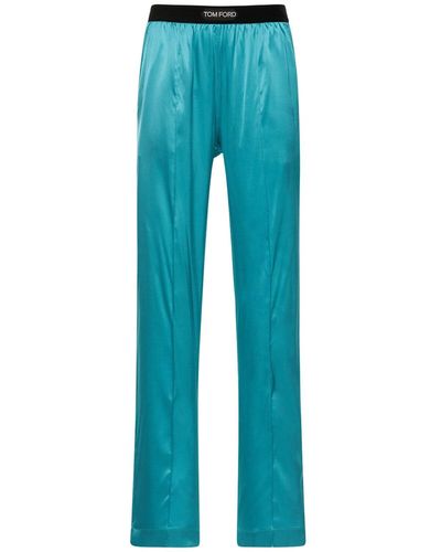 Tom Ford Logo Silk Satin Pajama Pants - Blue