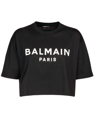 Balmain Camiseta de algodón recortada eco-responsable con estampado de logotipo - Negro