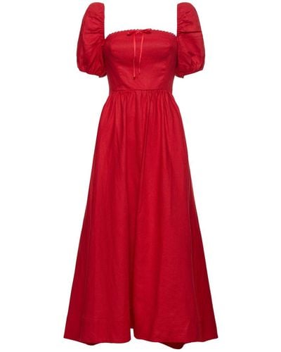 Reformation Marella Linen Puff Sleeve Midi Dress - Red