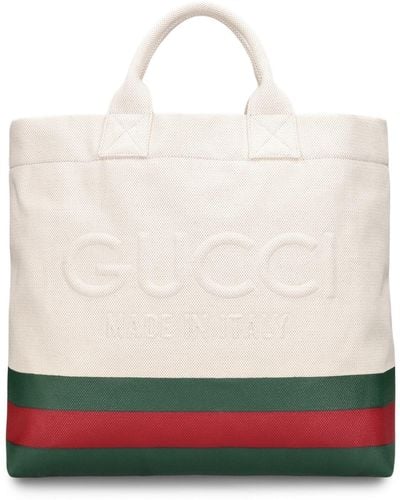 Gucci Striped Logo-embossed Canvas Tote Bag - Natural