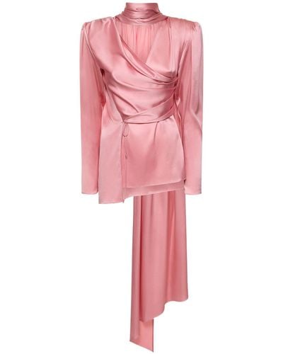 Magda Butrym Silk Satin Draped Long Sleeve Wrap Top - Pink
