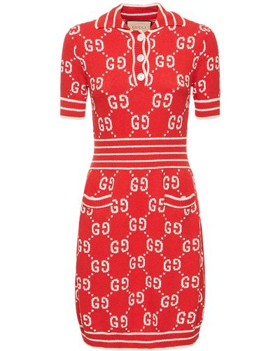 Gucci Monogram-print V-neck Cotton-blend Mini Dress - Red