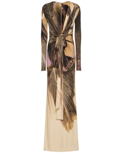 Roberto Cavalli Printed Stretch Jersey Long Dress W/knot - Metallic
