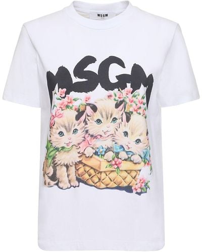 MSGM Logo & Cats Cotton Jersey T-Shirt - White