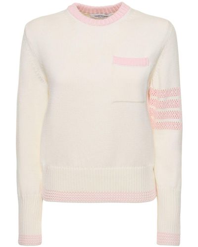Thom Browne Cotton Knit 4 Stripe Sweater W/ Pocket - Natural