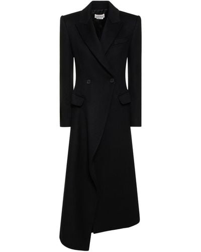 Alexander McQueen Asymmetric Wool Long Coat - Black