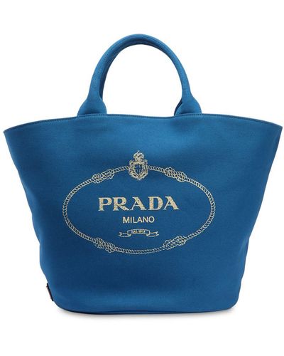 Prada Logo Printed Cotton Canvas Tote Bag - Blue