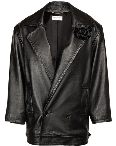 Saint Laurent Double Breasted Leather Coat - Black