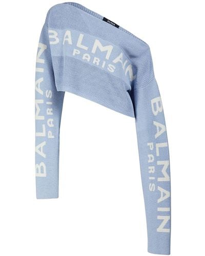 Balmain Crop Top En Maille De Laine Mélangée - Bleu