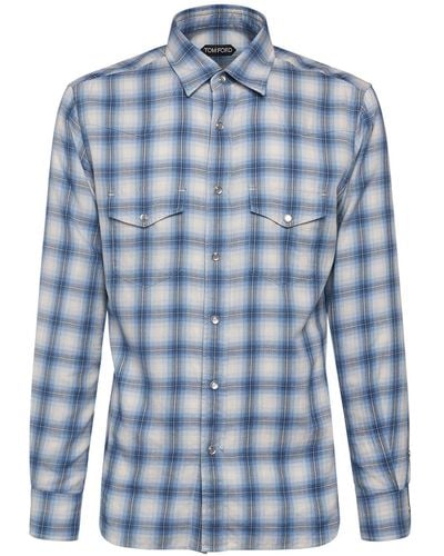 Tom Ford Checked Cotton Blend Western Shirt - Blue