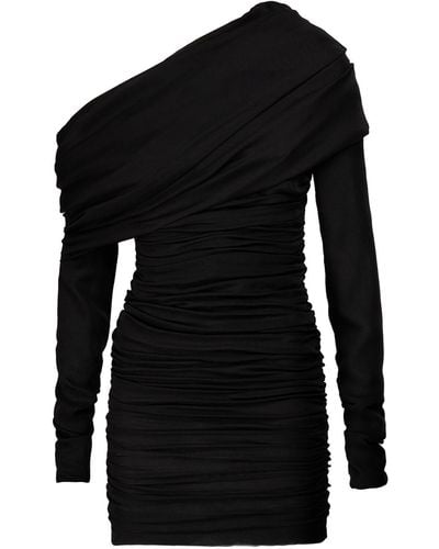 Saint Laurent One Shoulder Draped Silk Dress - Black