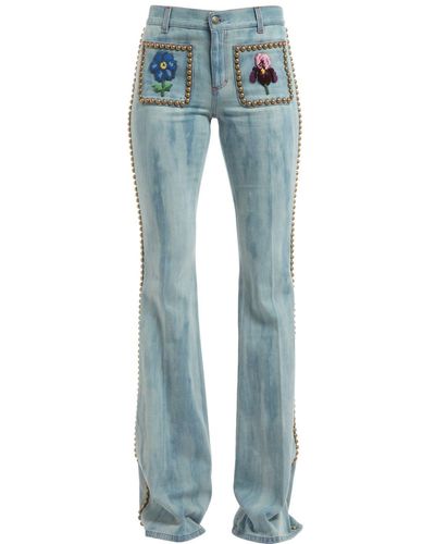 Gucci Studded & Embroidered Flair Denim Jeans - Blue