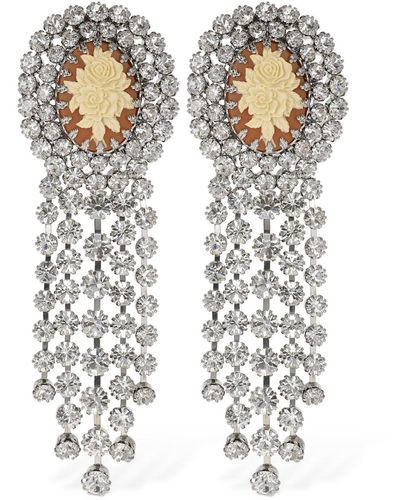 Alessandra Rich Rose Cameo Earrings W/ Crystal Fringes - White