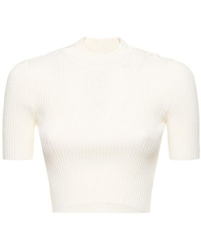 Courreges Shoulder Snaps Rib Knit Crop Sweater - White
