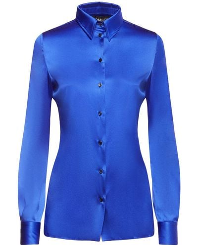 Tom Ford Stretch Silk Satin Fitted Shirt - Blue