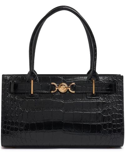 Versace Medium Croc Embossed Leather Tote Bag - Black