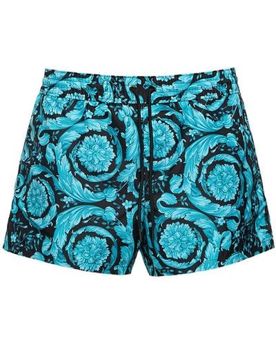 Versace Barocco Printed Nylon Swim Shorts - Blue