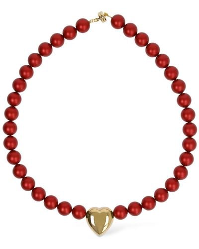 Timeless Pearly Heart Charm Beaded Choker - Red