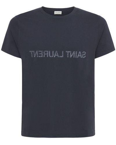 Saint Laurent T-shirt In Cotone Con Stampa - Blu