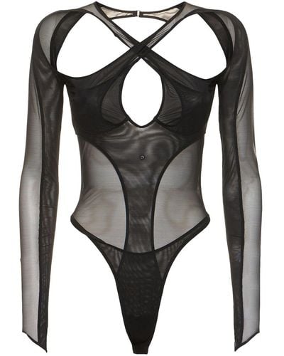 Mugler Stretch Tulle Cross Collar Bodysuit - Black