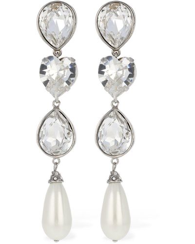 Alessandra Rich Crystal Earrings W/ Faux Pearl Pendants - White