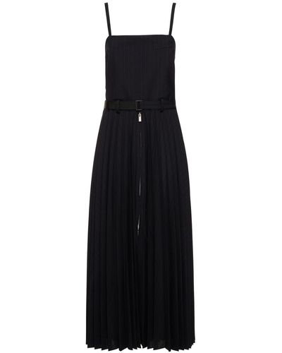 Sacai Chalk Striped Plissé Belted Long Dress - Black