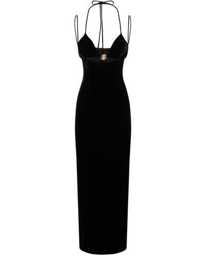 Alessandra Rich Velvet Embellished Cutout Long Dress - Black