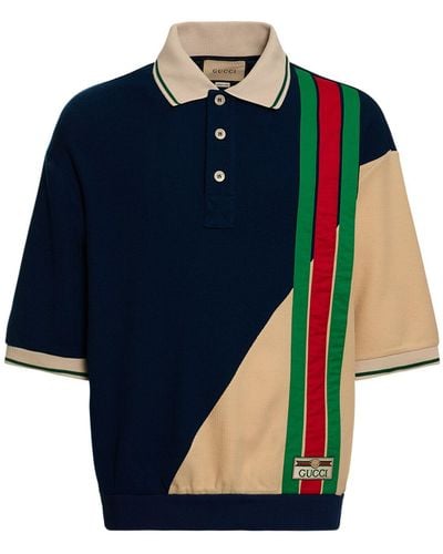 Gucci Logo-patch Striped Wool And Cotton-blend Polo Shirt - Blue