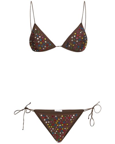 Oséree Embellished Gem Triangle Bikini Set - Brown
