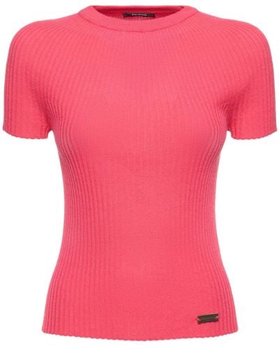 Balmain Rib Knit Wool Short Sleeve Top - Pink