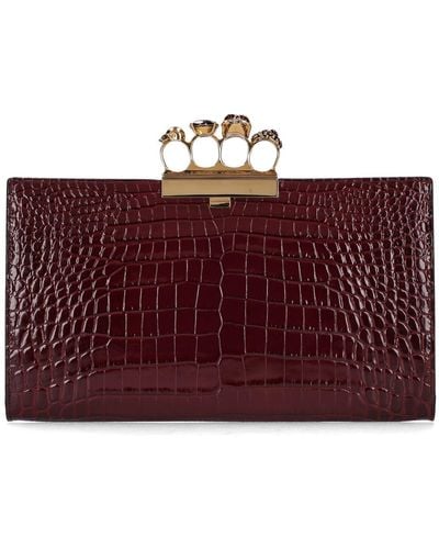 Alexander McQueen Four Ring Embellished Croc-effect Leather Pouch - Red