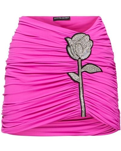 David Koma Ruched Mini Skirt W/ Rose - Pink