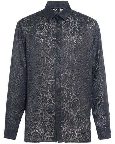 Versace Barocco Printed Viscose & Silk Shirt - Grey