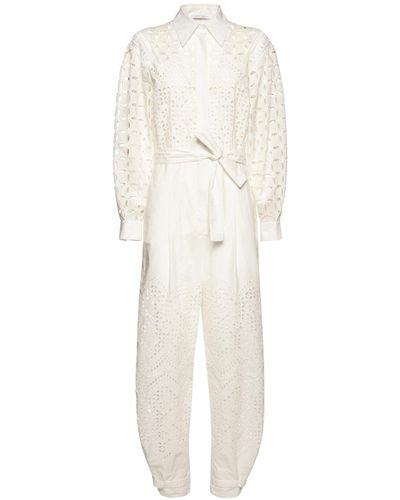 Alberta Ferretti Embroidered Lace Cotton Blend Jumpsuit - White