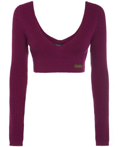 DSquared² Ribbed Knit Long Sleeve Crop Top - Purple