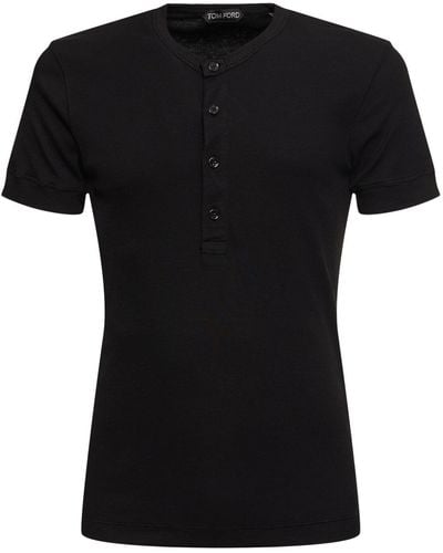 Tom Ford Henley コットン&リヨセルリブtシャツ - ブラック