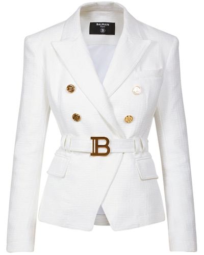 Balmain Monogram Denim Jacket W/ Logo Belt - White