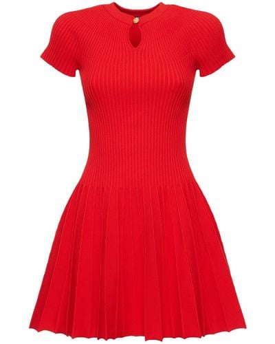 Balmain Pleated Knit Short Sleeve Mini Dress - Red