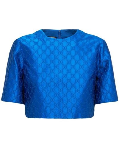 Gucci Embroidered Silk Logo Cropped Top - Blue