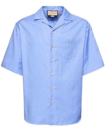 Gucci Camp-collar Logo-jacquard Cotton-twill Shirt - Blue