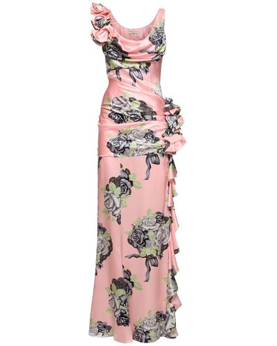 Alessandra Rich Rose Print Silk Satin Evening Dress - Pink