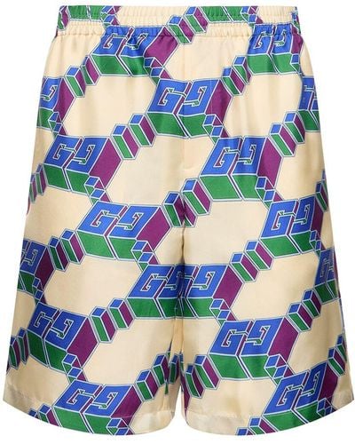Gucci 3d Gg-print Silk Shorts - Blue