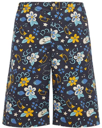 Gucci Shorts De Algodón Estampados - Azul