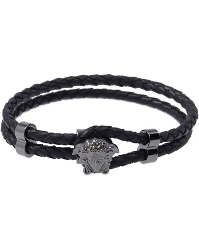 Versace Medusa Logo Double Wire Leather Bracelet - Black