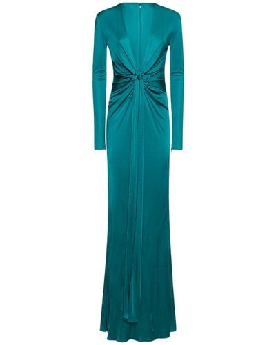 Roberto Cavalli Long Sleeve V Neck Maxi Dress W/ Knot - Green
