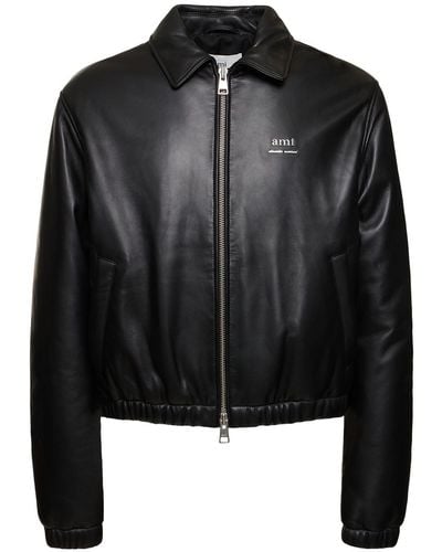 Ami Paris Padded Leather Zip Jacket - Black
