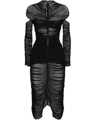 Mugler Draped Mesh Maxi Dress W/ Cutouts - Black