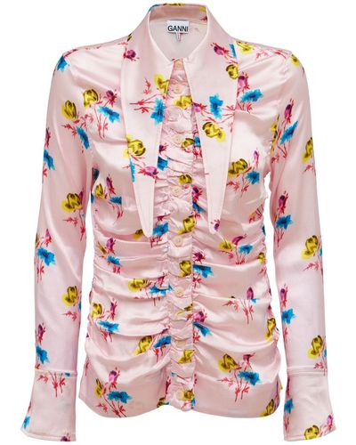 Ganni Bedrucktes Hemd Aus Seidensatin - Pink