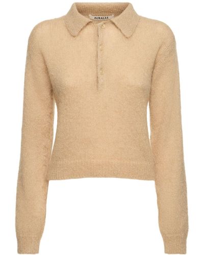 AURALEE Brushed Mohair & Wool Knit Polo - Natural